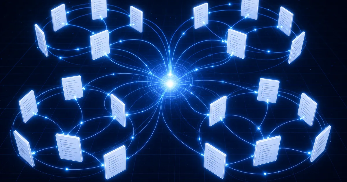 Twenty-one glowing document cards in four orbital clusters connected by electric-blue light threads around a bright core — the Hydra Business Intelligence Specification vault