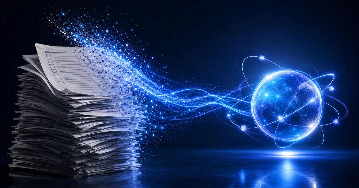 A stack of gray paper forms dissolving into glowing blue particles that flow into a luminous AI orb — Hydra OS onboarding going from forms to agentic