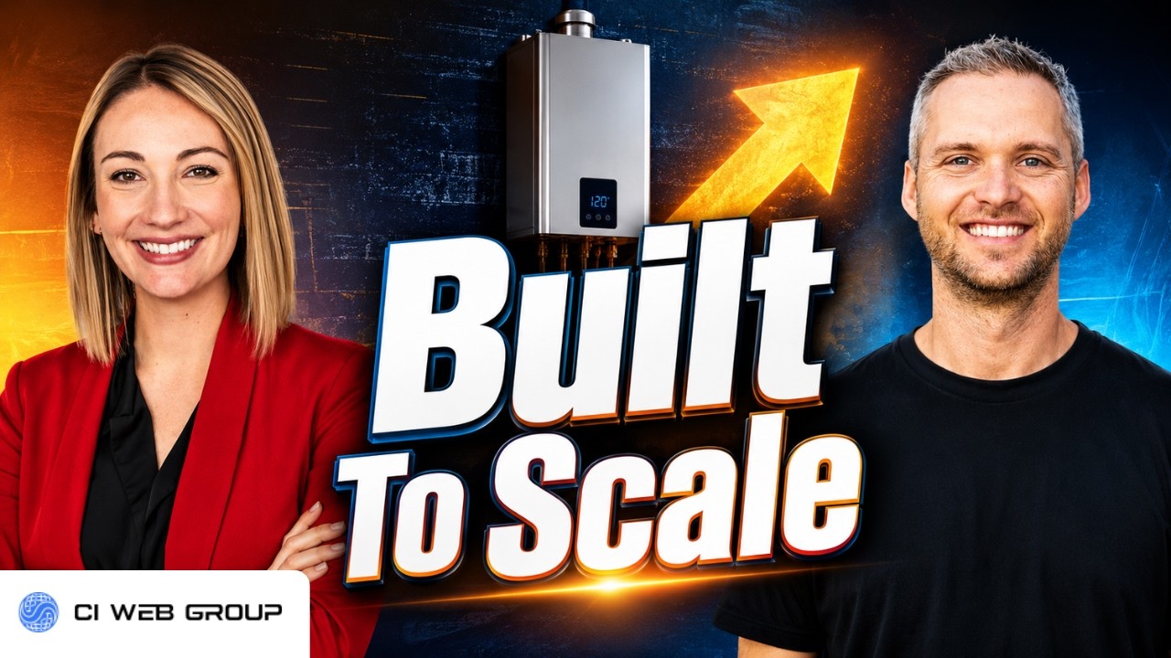 YouTube thumbnail for the ciweblive episode "How a Water Heater Company Uses AI to Win More Profitable Jobs", about THE Water Heater Company's AI, transparent-pricing, and site-speed strategy