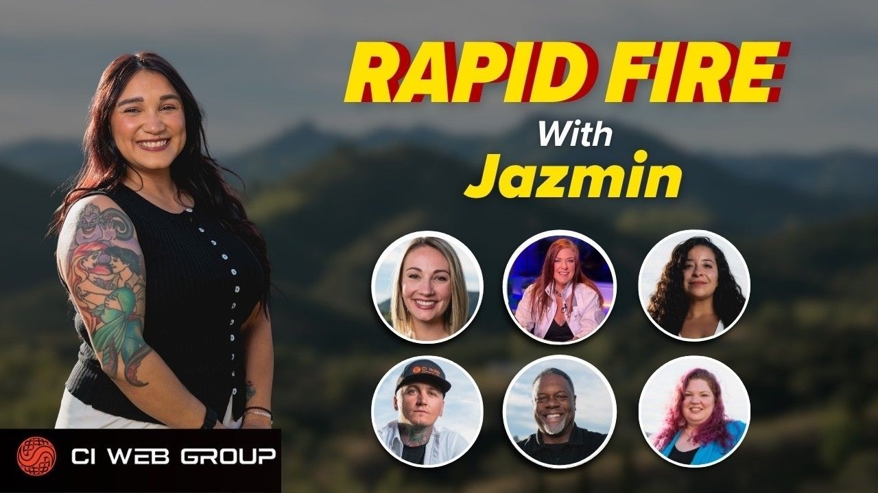 YouTube thumbnail for "Rapid Fire Marketing Questions with Our Entire Team" featuring Michael Parker, Camille Porco, Melanie, Michael Hicklen, and CI Web Group