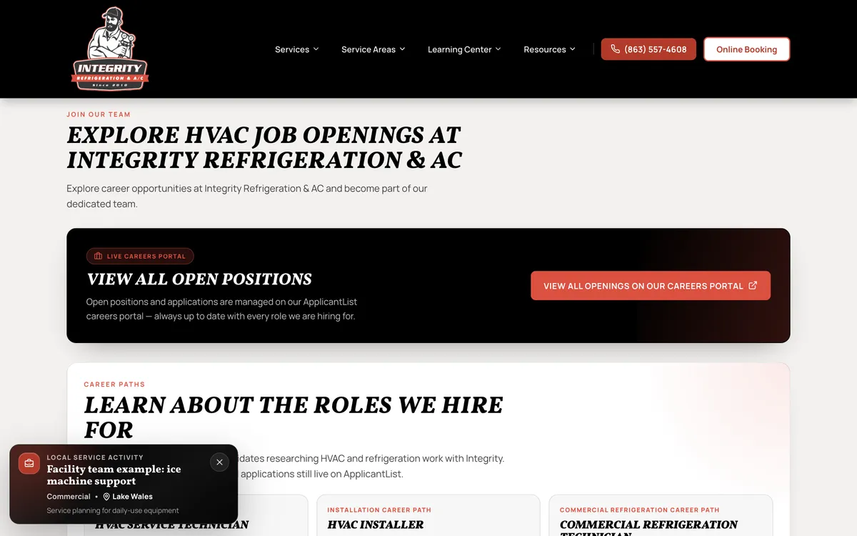 Careers Center — Recruiting & Applications on Integrity Refrigeration & AC's website