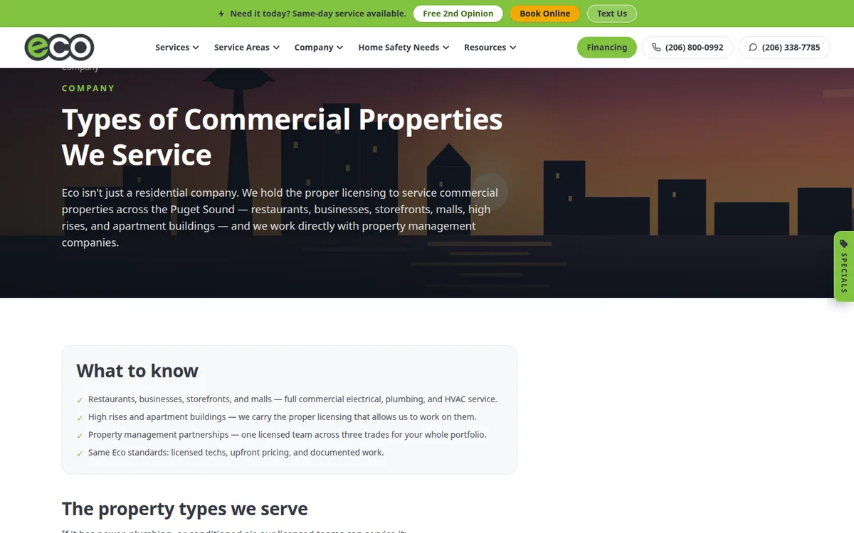 Commercial Audience / Facility Pages on Eco Electric, Plumbing, Heating & Air's website