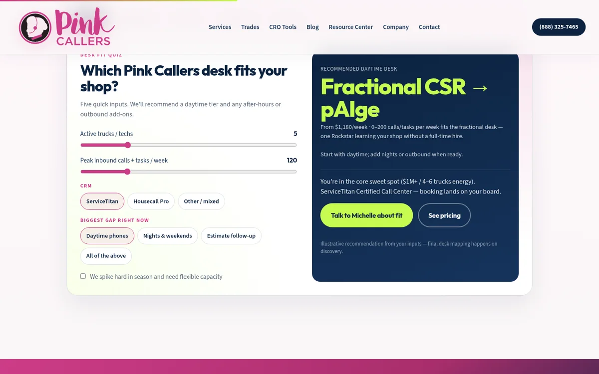 CRO Calculator Suite on Pink Callers's website