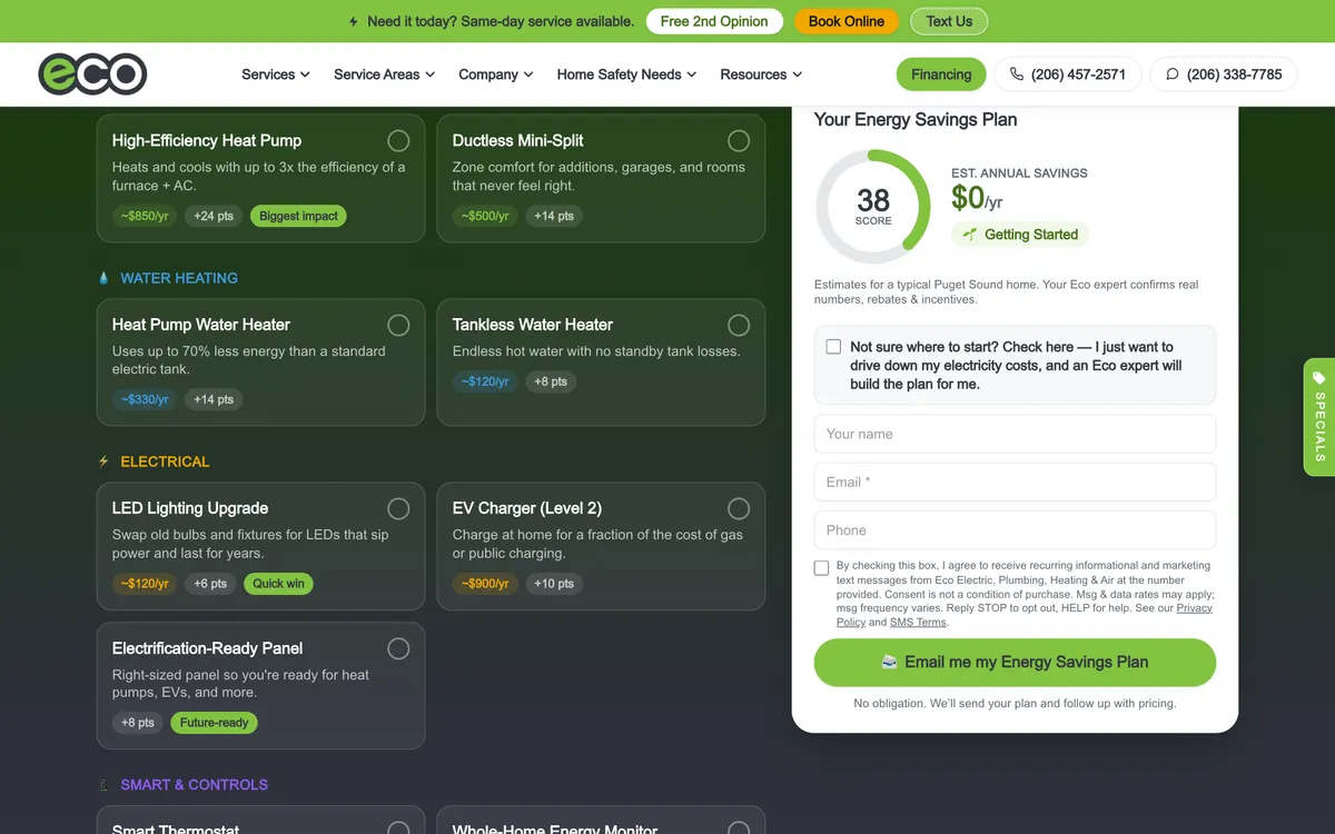 Energy Savings Plan Builder on Eco Electric, Plumbing, Heating & Air's website