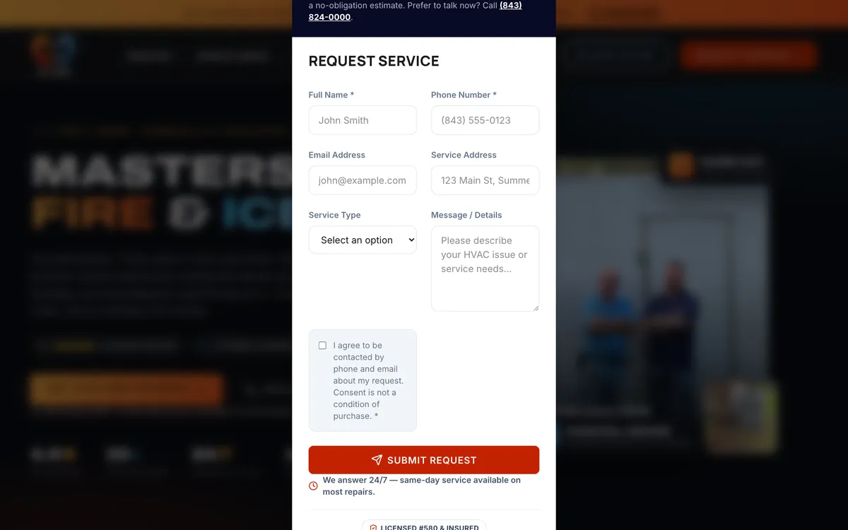 Exit-Intent Quote Capture on HVAC Repair Charleston's website