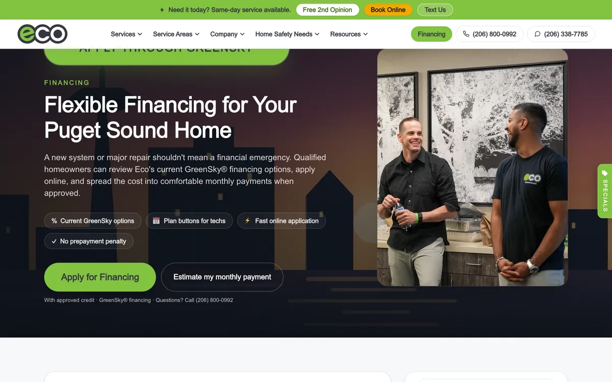 Financing Calculator and Application Integration on Eco Electric, Plumbing, Heating & Air's website