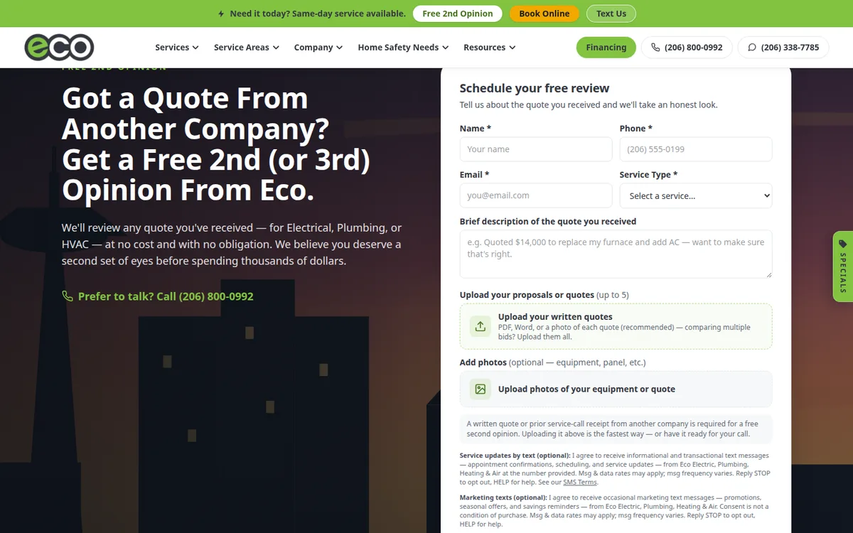 Free Second Opinion / Quote Review Funnel on Eco Electric, Plumbing, Heating & Air's website