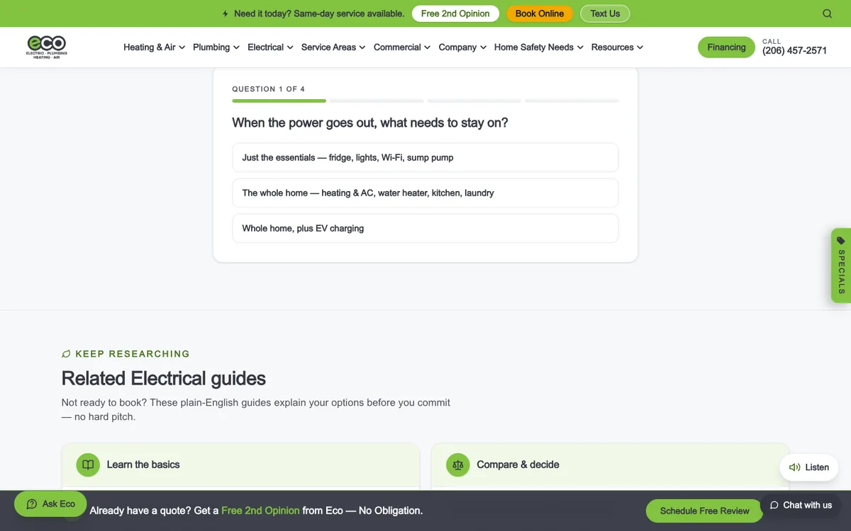 Generator Match Quiz on Eco Electric, Plumbing, Heating & Air's website