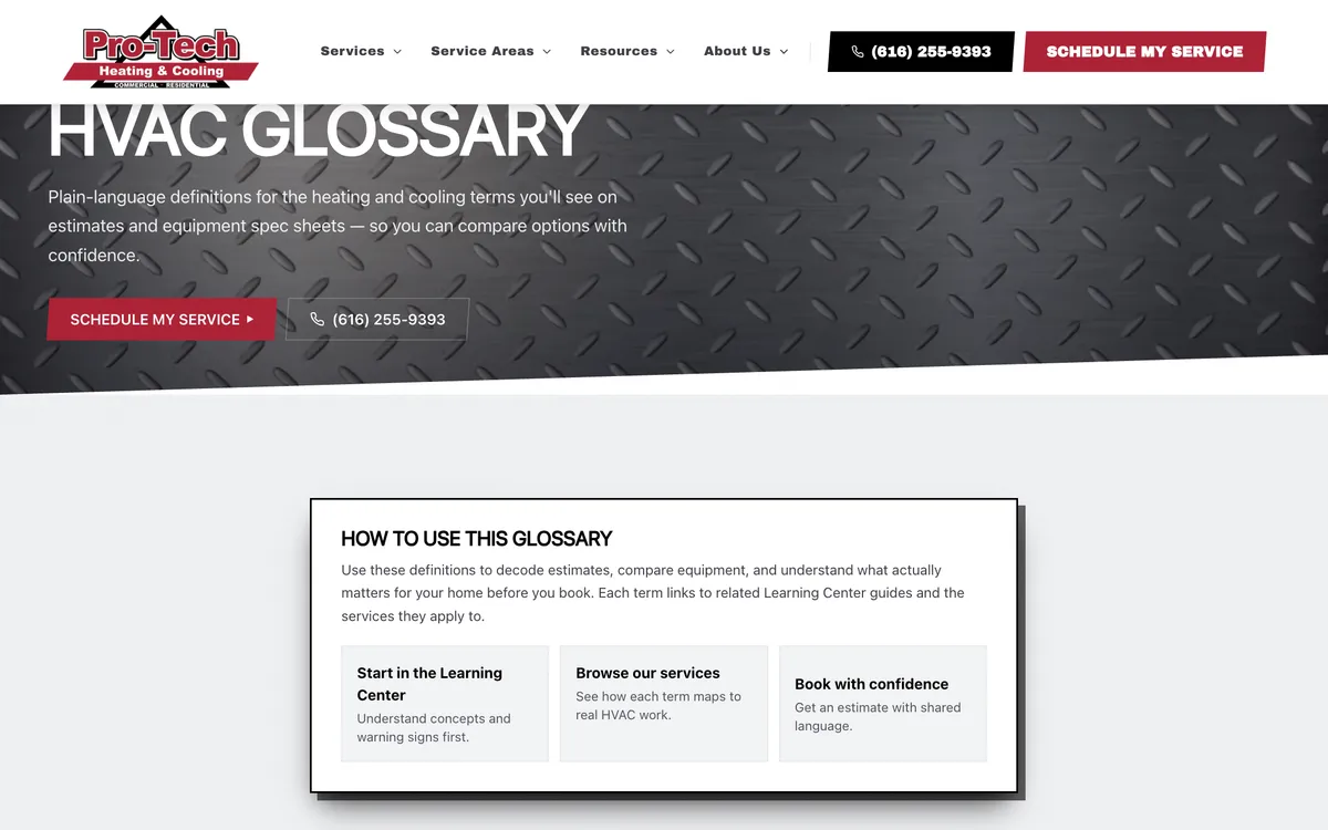 Glossary / Terminology Center on Pro-Tech Heating & Cooling's website