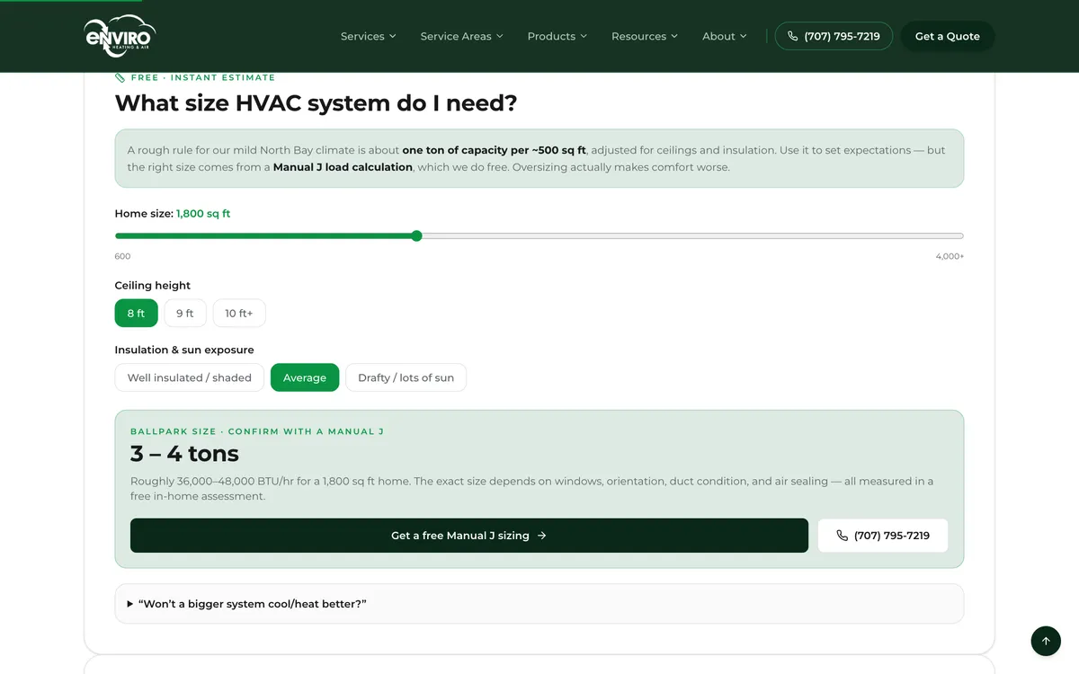 HVAC Size Calculator on Enviro Heating & Air's website