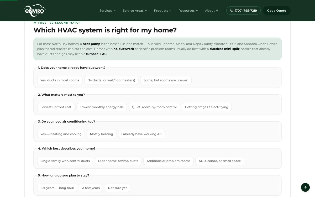HVAC System by Home Type on Enviro Heating & Air's website