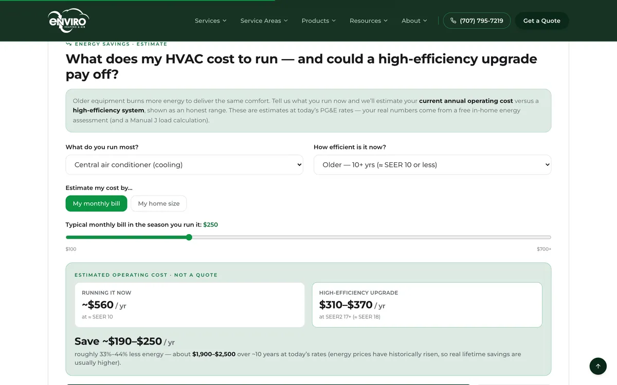 Instant Quote Estimator on Enviro Heating & Air's website