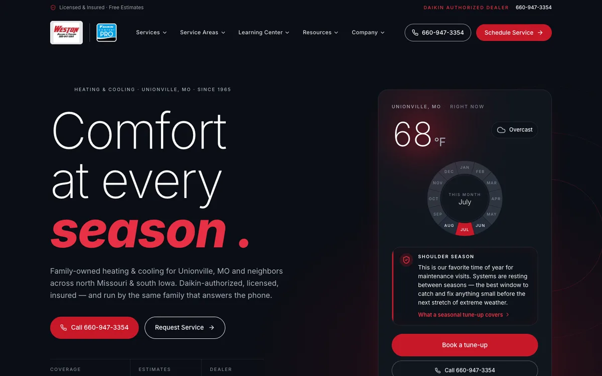 Right Now in Your Town Hero Widget on Weston Heating & Cooling, Inc.'s website