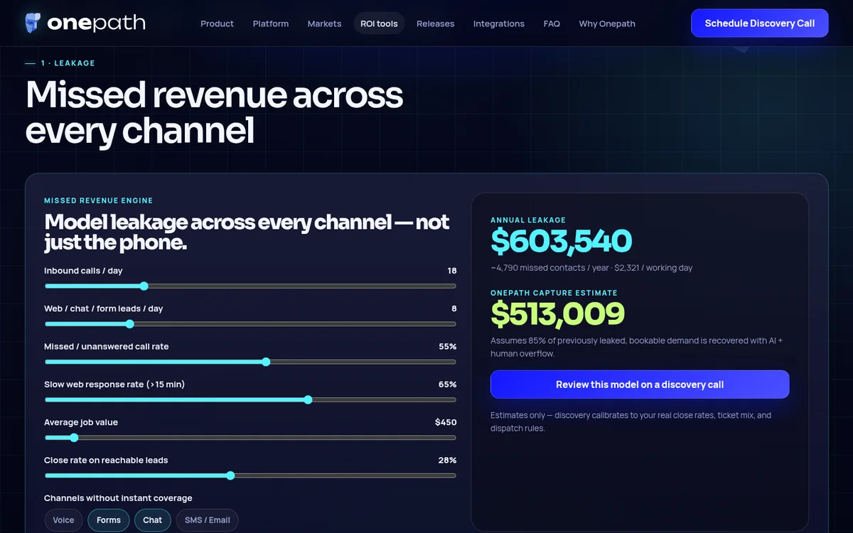 Missed Revenue Calculator on Onepath AI's website