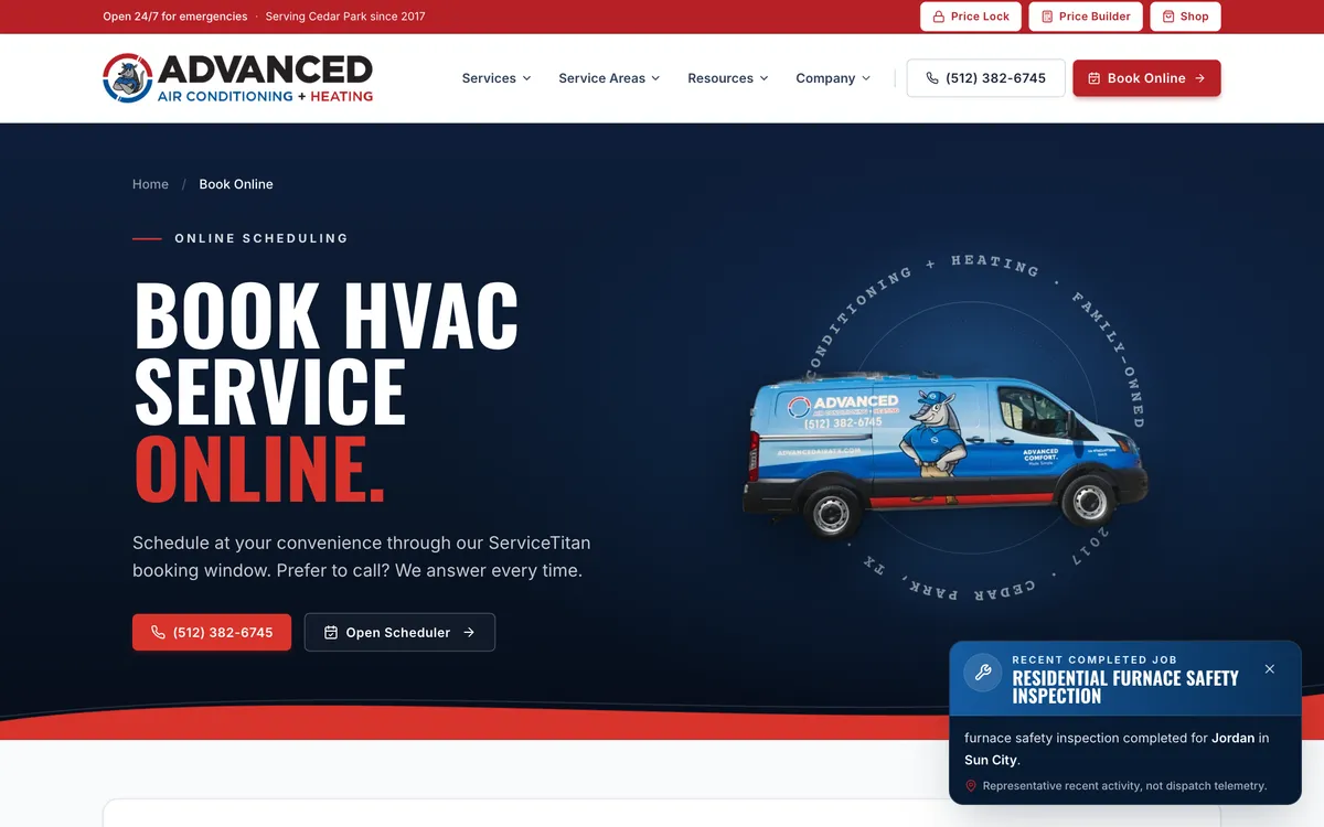 Online Booking & Dispatch on Advanced Air Conditioning + Heating's website