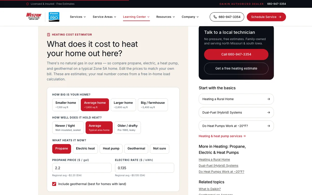Operating Cost Calculator on Weston Heating & Cooling, Inc.'s website