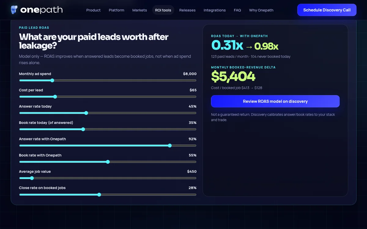 Paid-Lead ROAS Calculator on Onepath AI's website