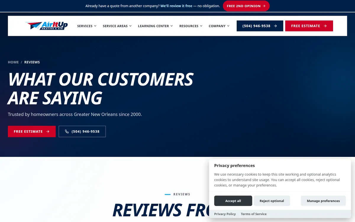 Per-City Testimonial Rotation on Air It Up Air Conditioning & Heating's website