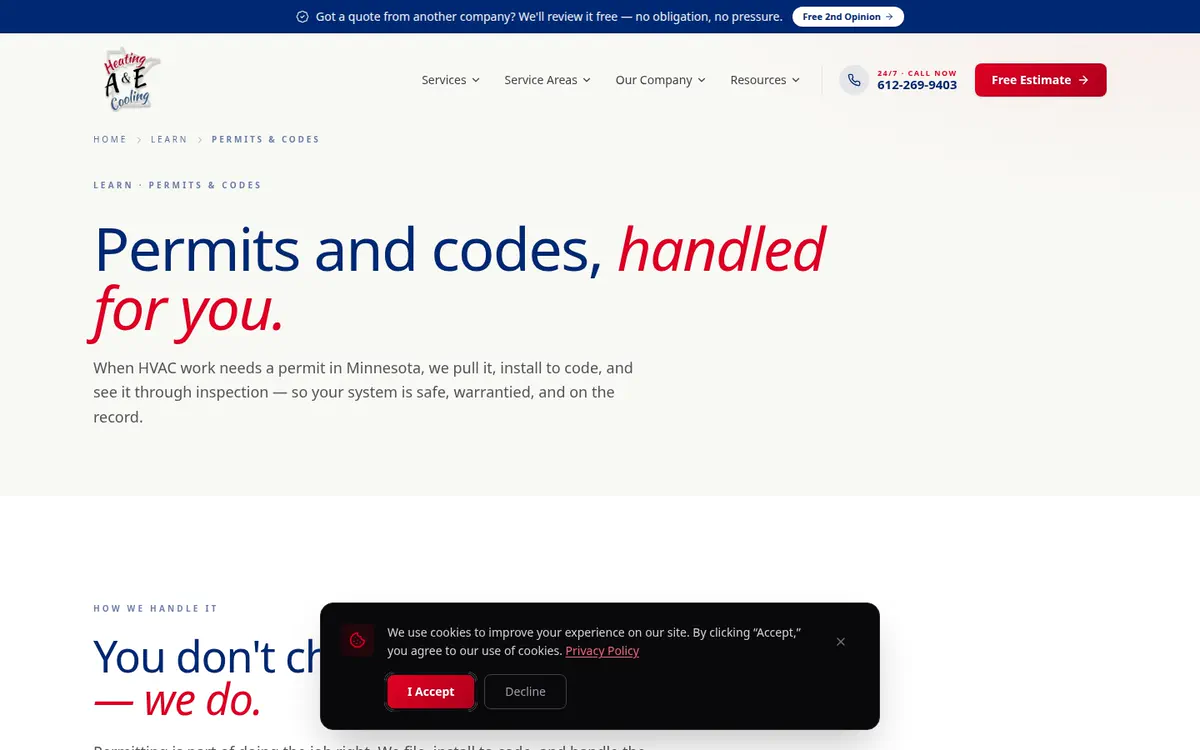 Permits and Code Education Center on A&E Heating & Cooling's website