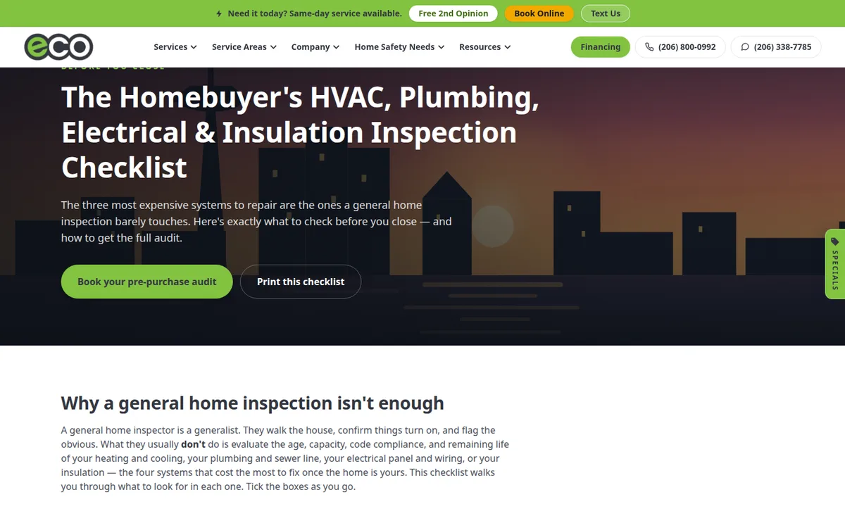 Pre-Purchase / Homebuyer Inspection Funnel on Eco Electric, Plumbing, Heating & Air's website