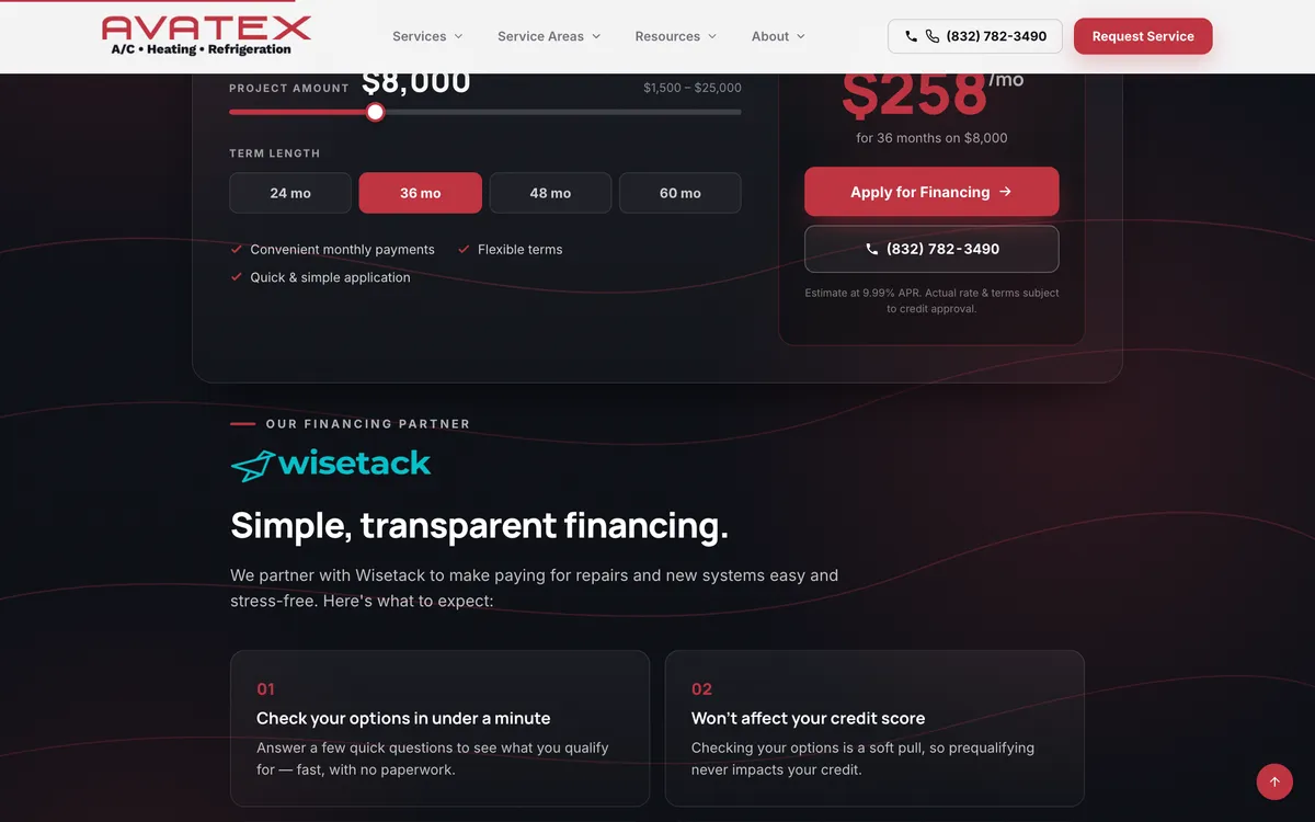 Project + Financing Calculator on Avatex Service Company's website