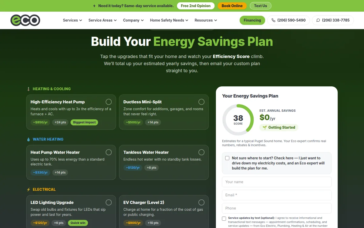 Rebate + Financing Stack Calculator on Eco Electric, Plumbing, Heating & Air's website