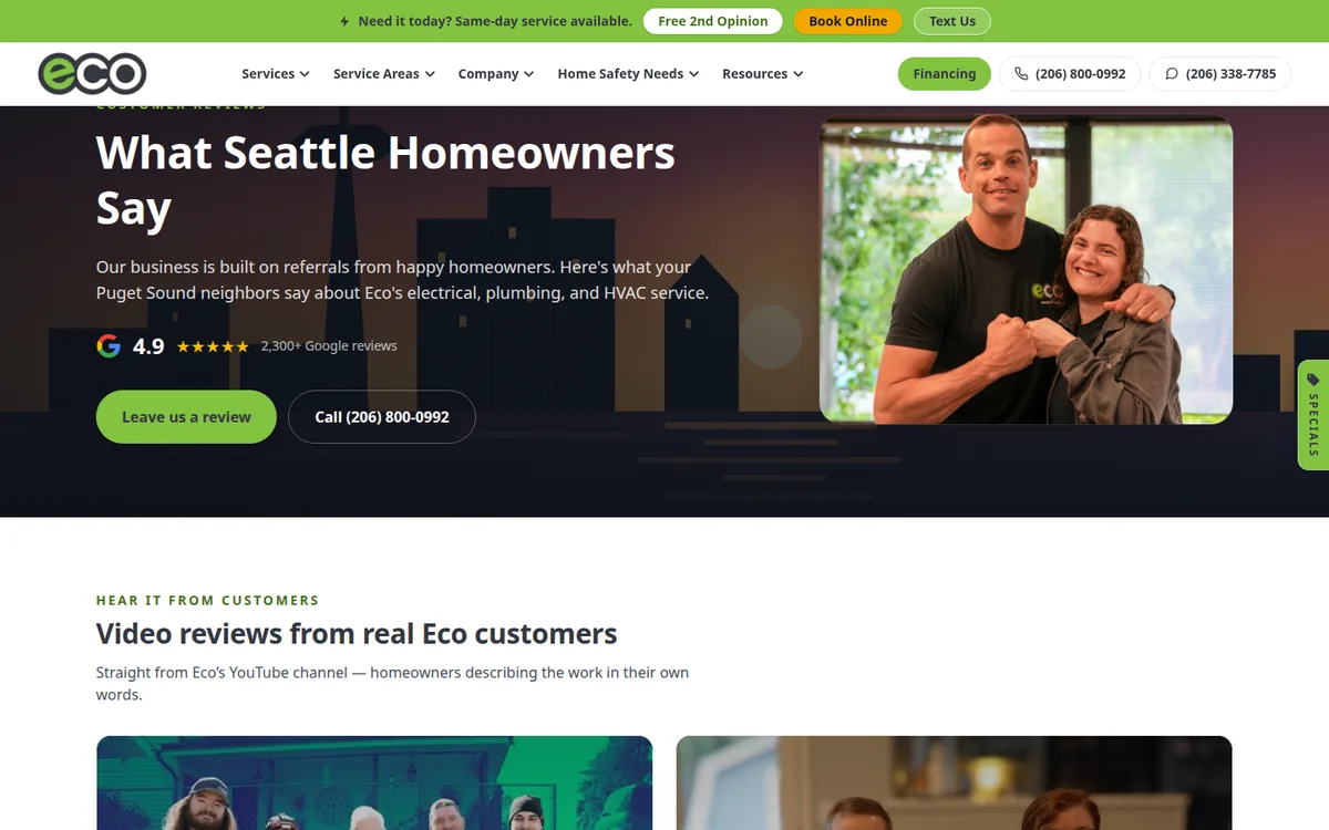 Review Funnel Page on Eco Electric, Plumbing, Heating & Air's website