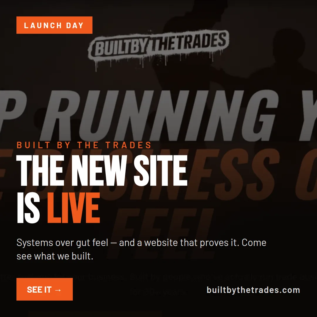 Sample square launch graphic in the Built by the Trades brand system — bold condensed type over the jobsite-silhouette hero