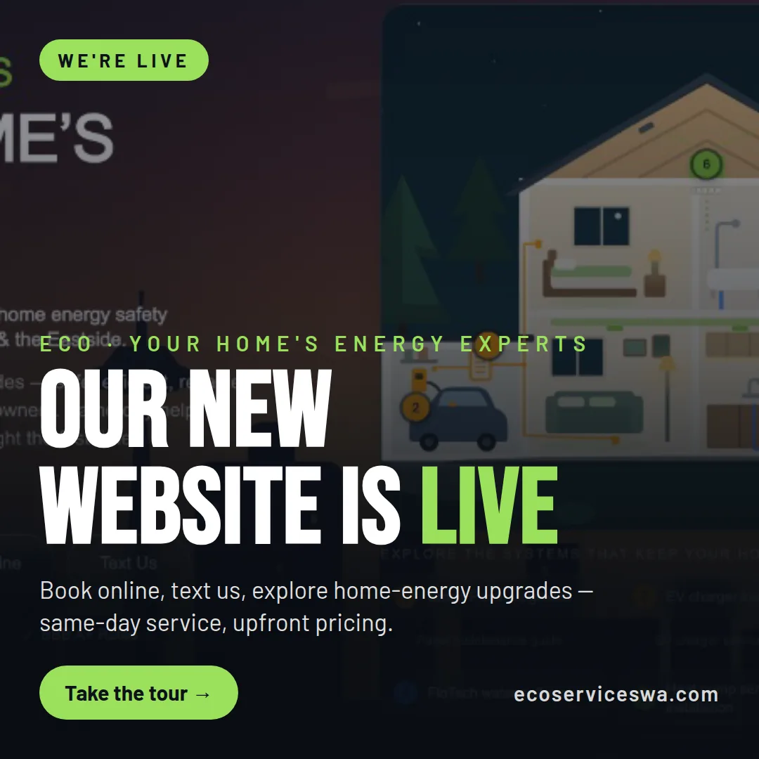 Sample square go-live announcement graphic in the Eco brand system — “Our new website is live” over the Energy Experts night-sky hero with the eco logo and call buttons