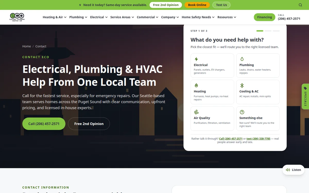 Three-Step Booking Wizard on Eco Electric, Plumbing, Heating & Air's website