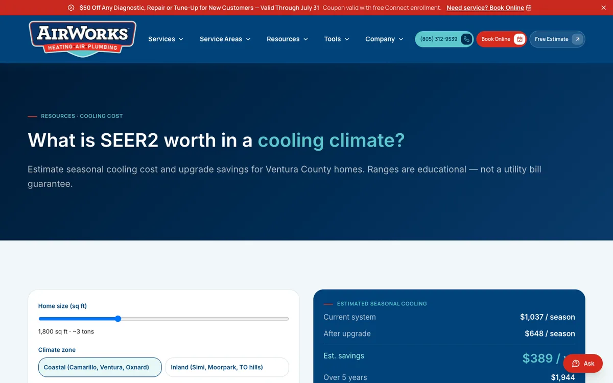 Screenshot: Cooling cost calculator on AirWorks Solutions