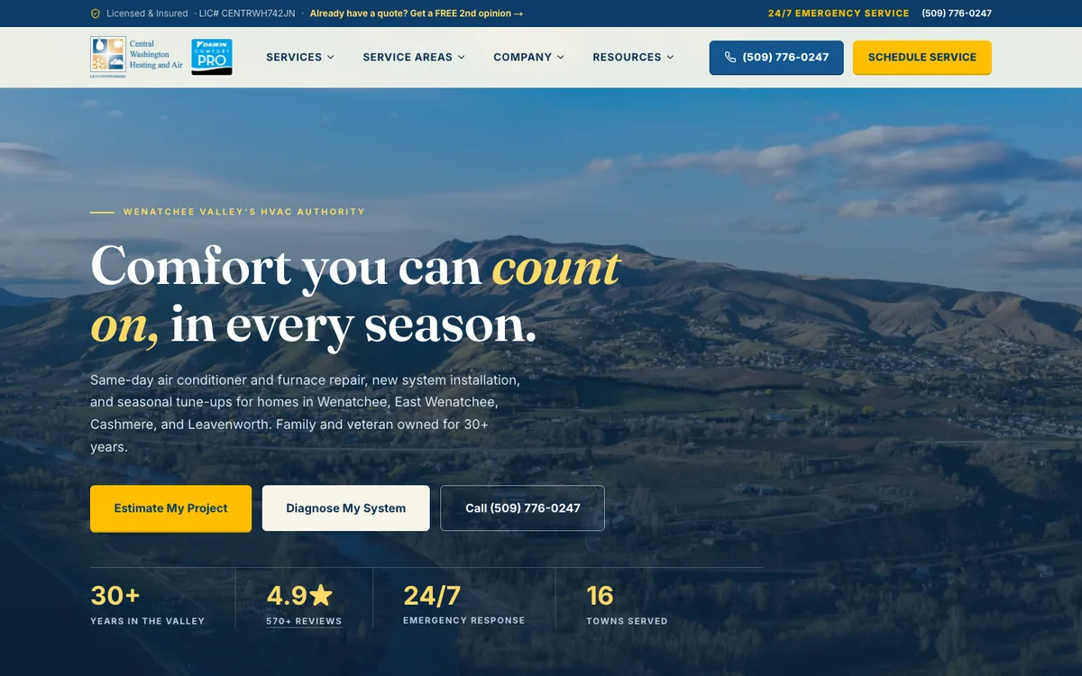Screenshot: Pricing with rebates, promos & financing on Central Washington Heating