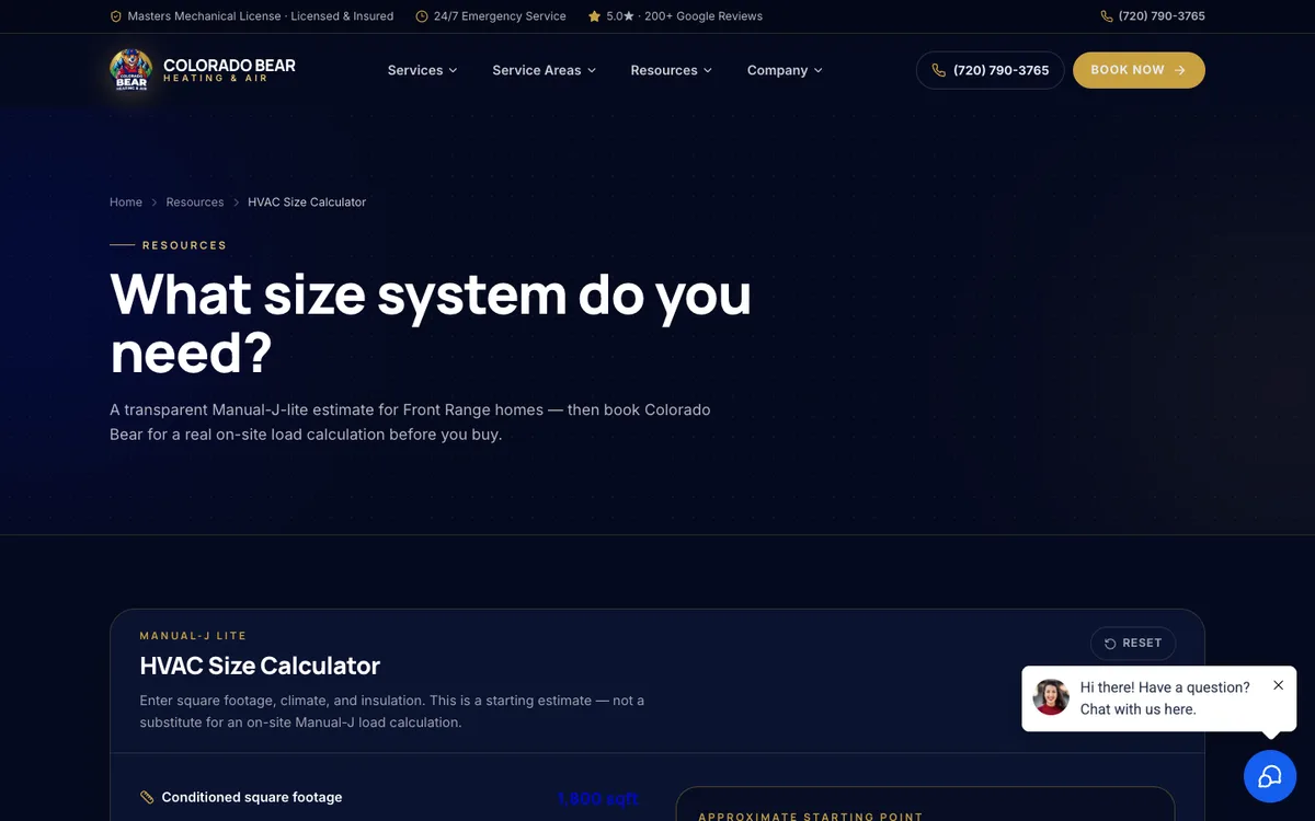 Screenshot: HVAC size calculator on Cobear HVAC