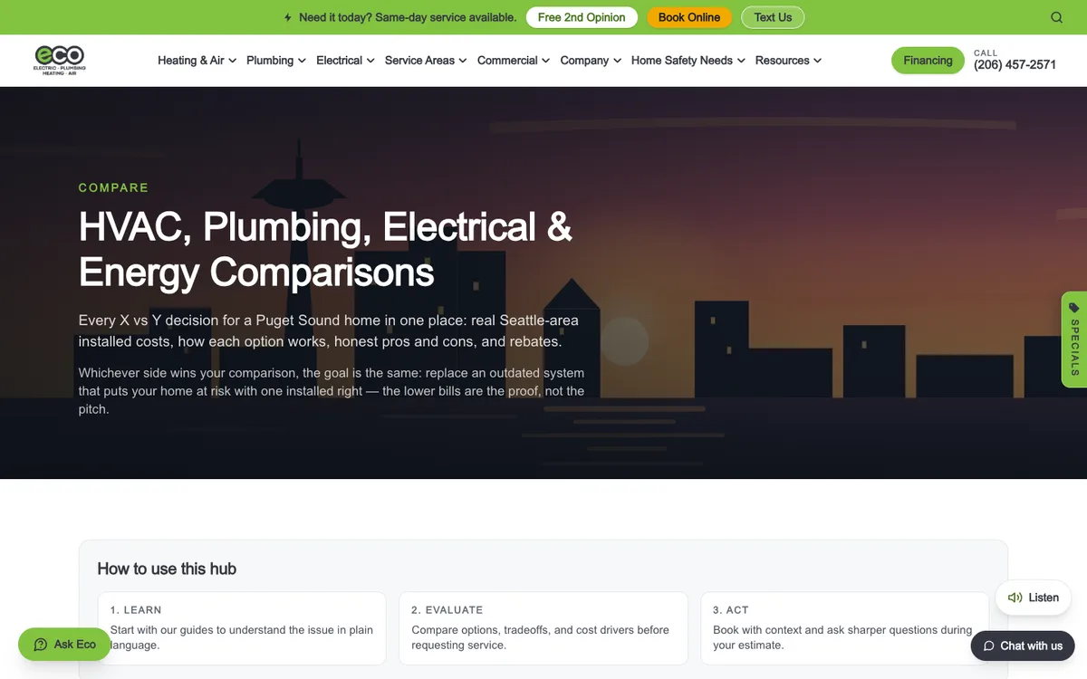 Screenshot: Trades comparison guides on Eco Electric, Plumbing, Heating & Air