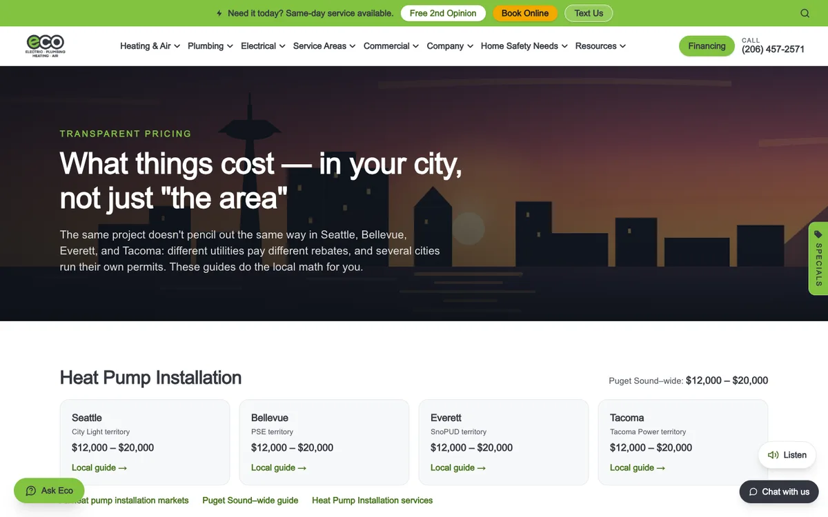 Screenshot: HVAC cost guide by city on Eco Electric, Plumbing, Heating & Air