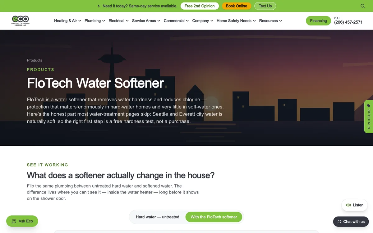 Screenshot: Flowtech water softener — how it works on Eco Electric, Plumbing, Heating & Air