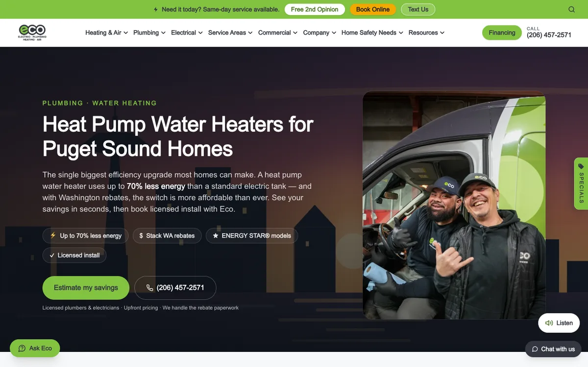 Screenshot: Heat pump water heater savings calculator on Eco Electric, Plumbing, Heating & Air