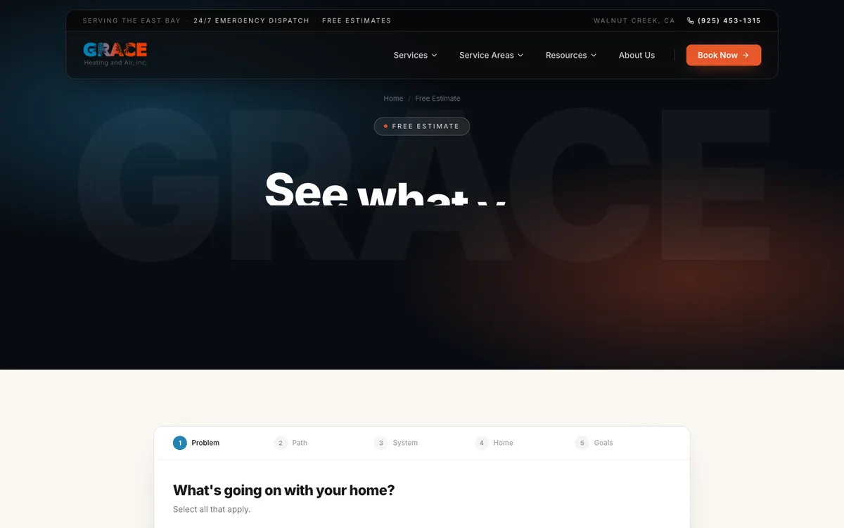 Screenshot: Estimate + timeline calculator on Grace Heating and Air