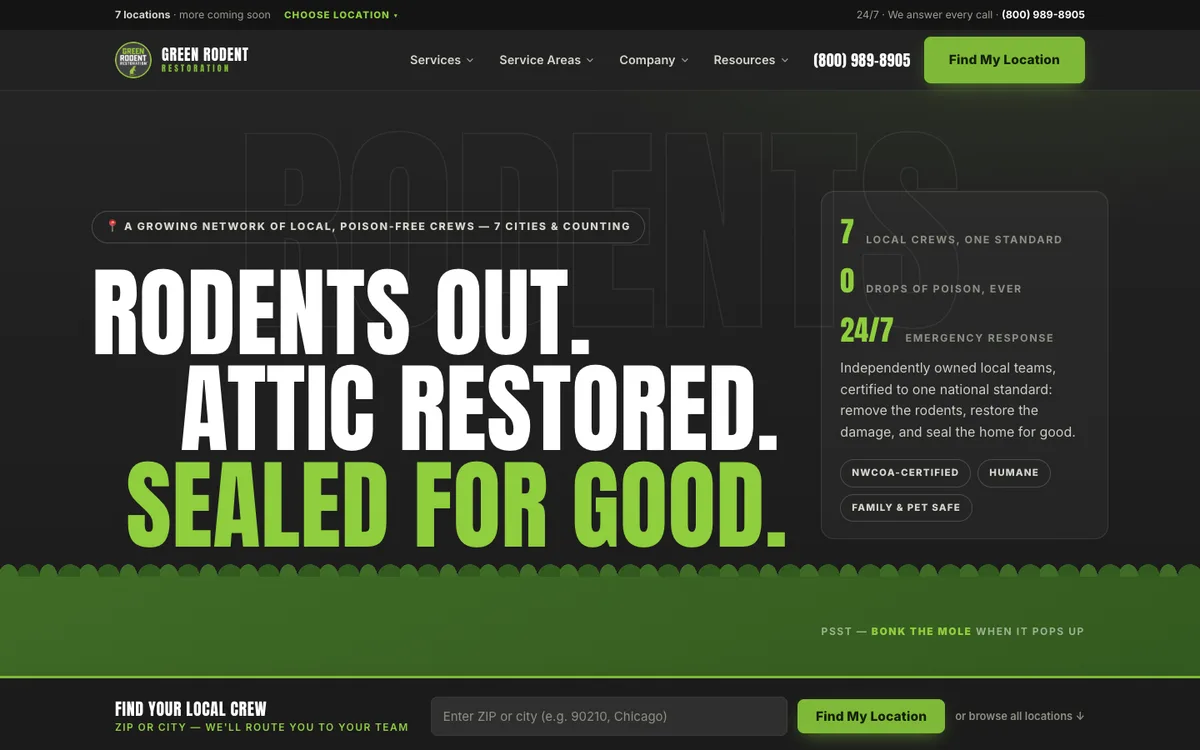 Screenshot: Whack-a-Mole promo game on Green Rodent Restoration