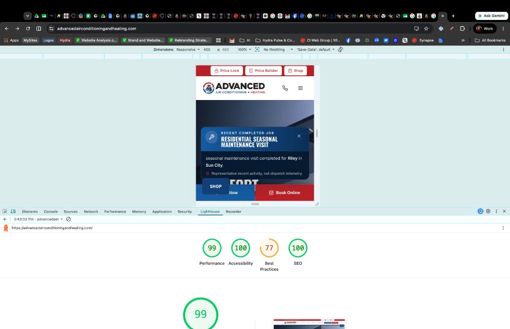 Lighthouse mobile scores for the live advancedairconditioningandheating.com homepage: 99 performance, 100 accessibility, 77 best practices, 100 SEO