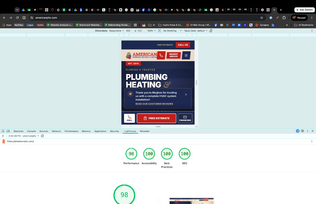 Lighthouse mobile re-measurement of the live americanphc.com homepage showing 98 performance, 100 accessibility, 100 best practices, and 100 SEO, with the review thank-you toast visible in the mobile hero