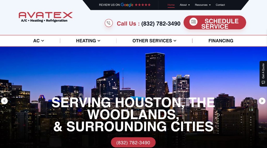 Old Avatex WordPress homepage: white header, red AVATEX logo, Houston night-skyline hero carousel reading Serving Houston, The Woodlands & Surrounding Cities