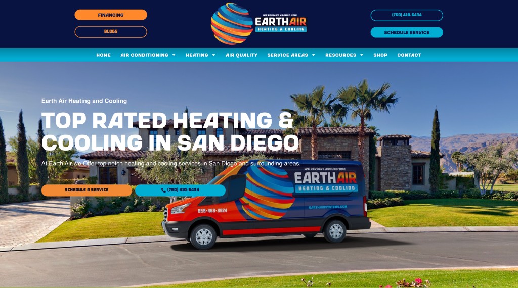 Old Earth Air Heating & Cooling homepage: dark-navy Top Rated Heating & Cooling in San Diego hero with the branded van