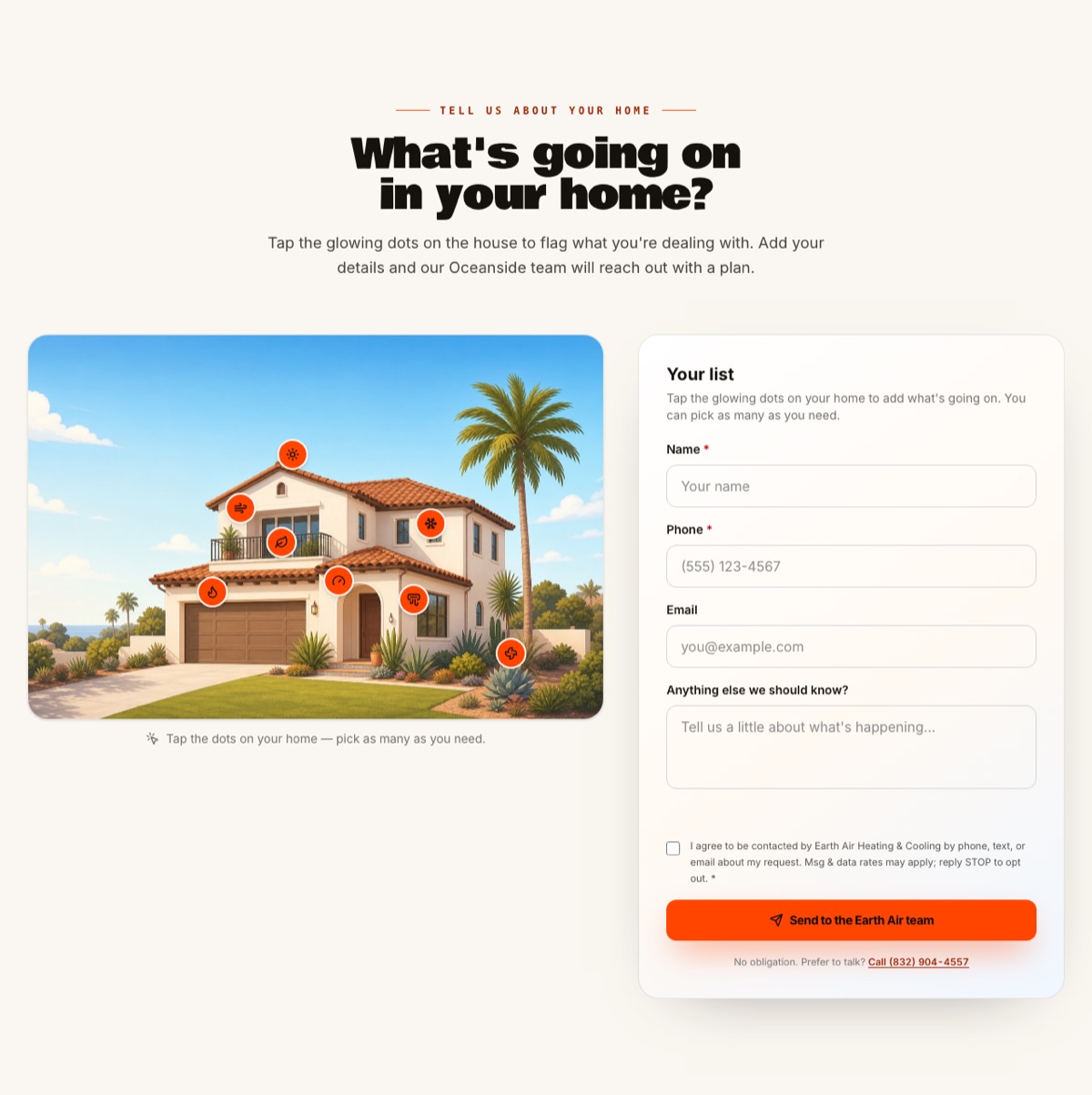 Earth Air Systems What's going on in your home component: an illustrated Spanish-style home with orange tap hotspots beside a Your list lead form