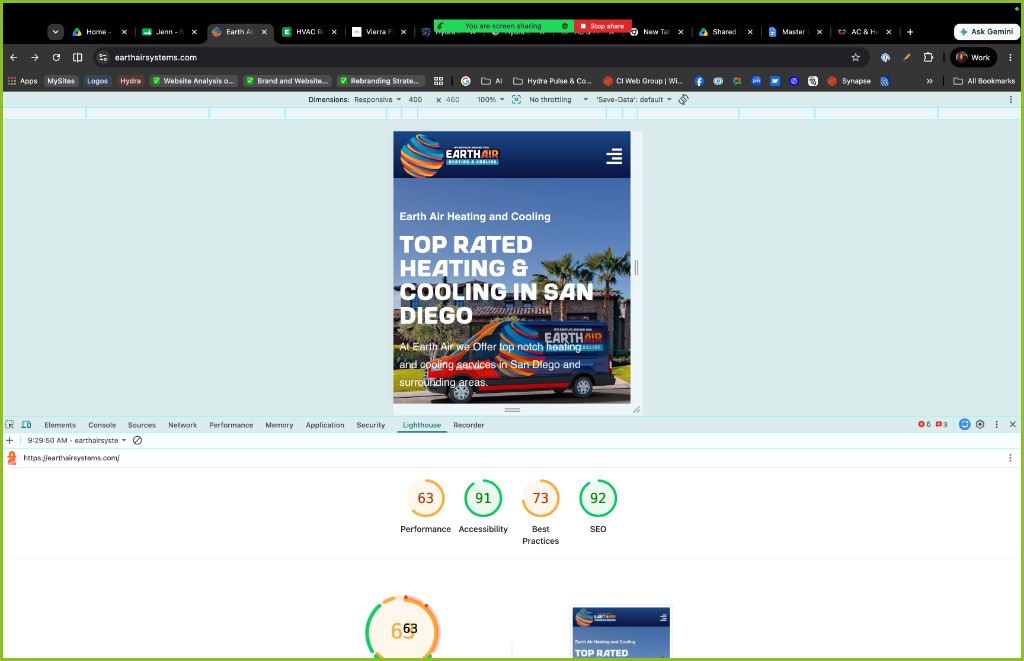Lighthouse mobile scores for the old earthairsystems.com site: performance 63, accessibility 91, best practices 73, SEO 92