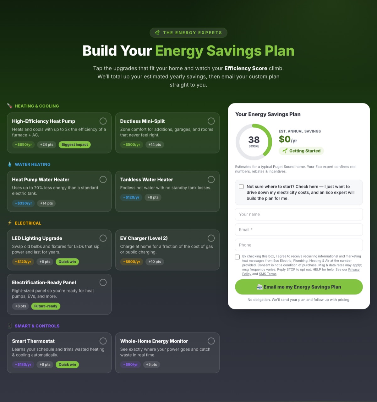 Eco's Build Your Energy Savings Plan component with tappable upgrade cards, a live efficiency score ring, and estimated annual savings beside a lead form