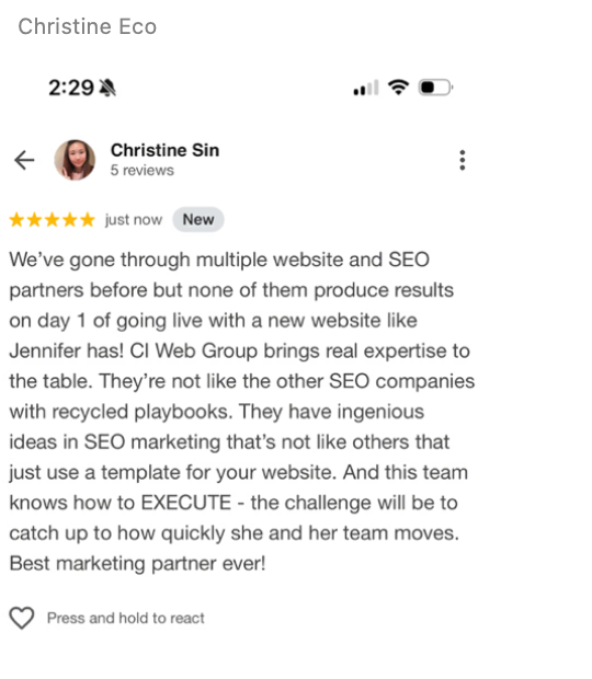 Christine Sin's verified 5-star Google review of CI Web Group, posted July 3, 2026, praising day-one results, ingenious SEO ideas, and execution speed