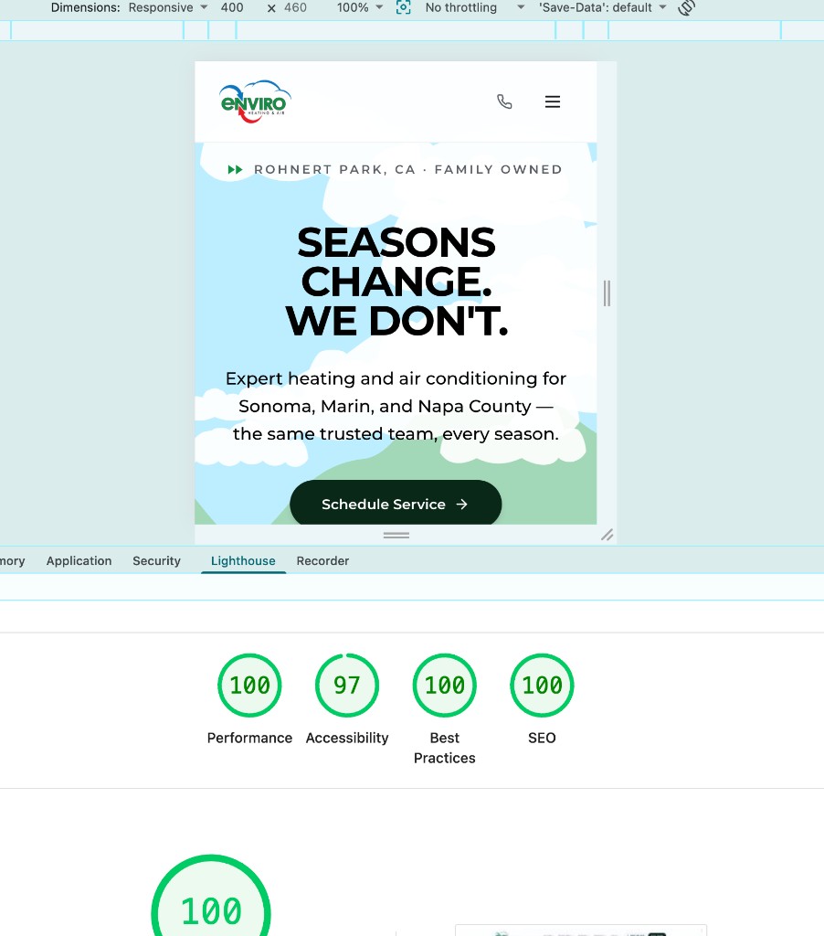 Chrome DevTools Lighthouse report for a live Hydra OS client: Performance 100, Accessibility 97, Best Practices 100, SEO 100 on mobile emulation
