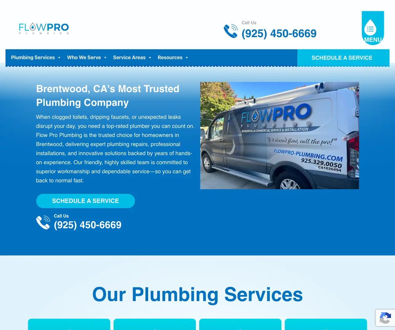 Flow Pro Plumbing current WordPress production homepage before Hydra go-live