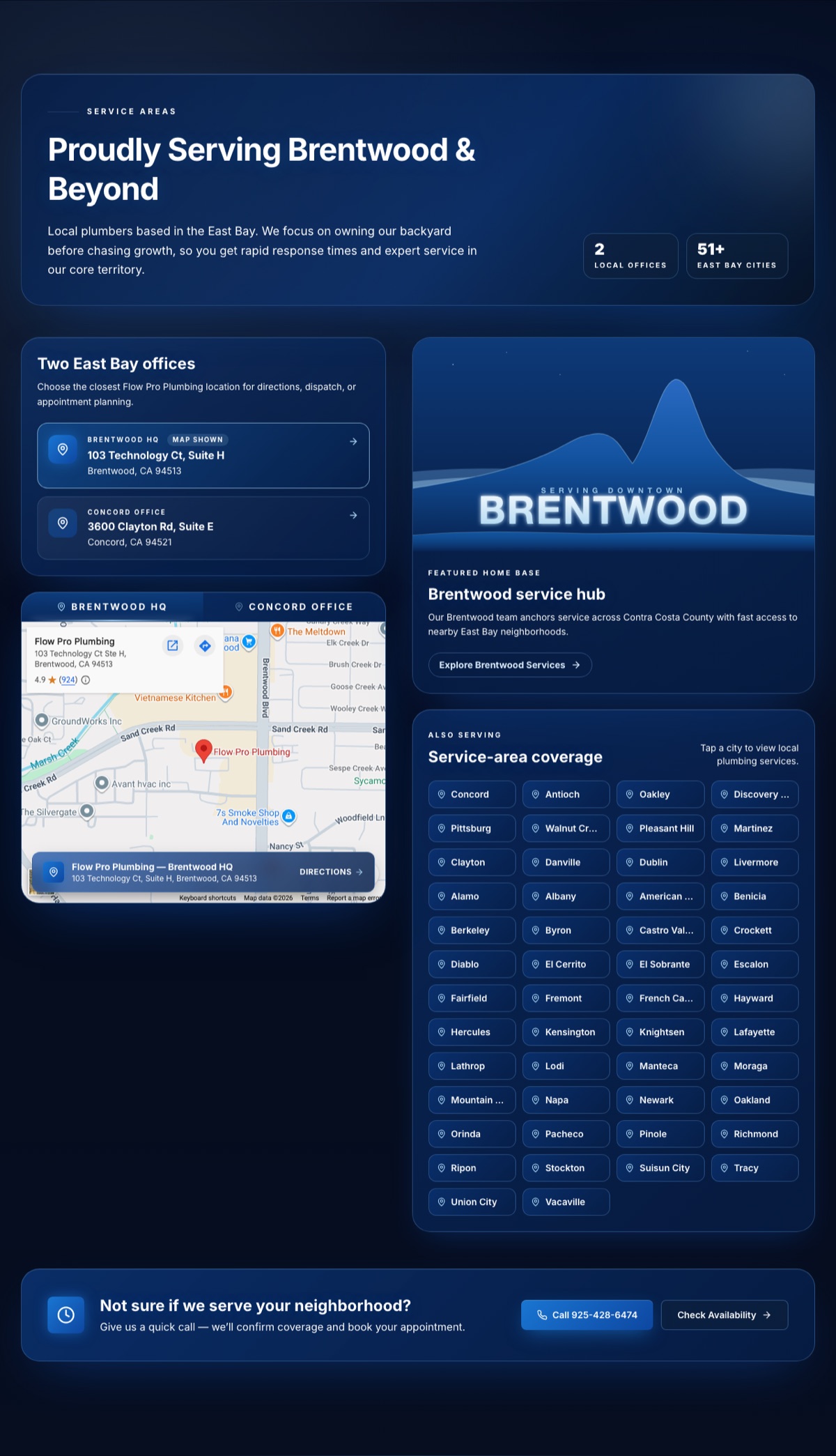 Flow Pro Plumbing service-area hub with two East Bay offices, an embedded Google map, an illustrated Brentwood panel, and a grid of 51+ city links